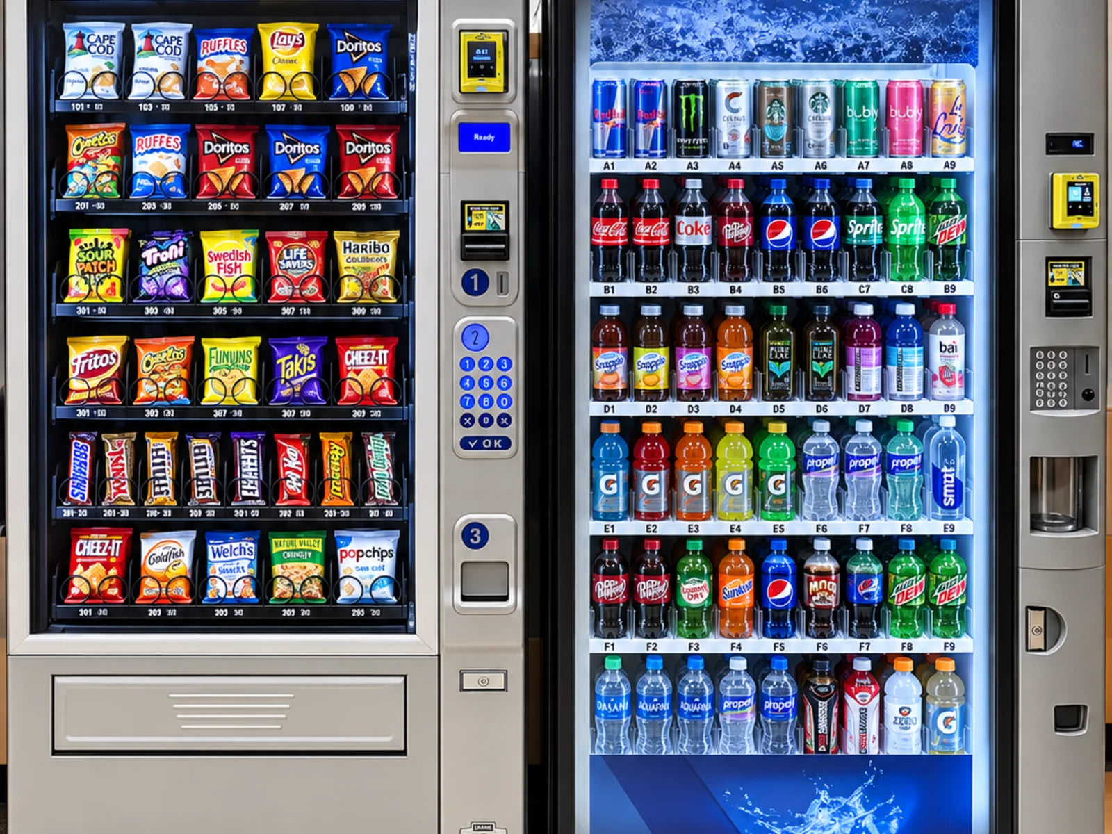 Snack and beverage vending machines installed in a cafeteria