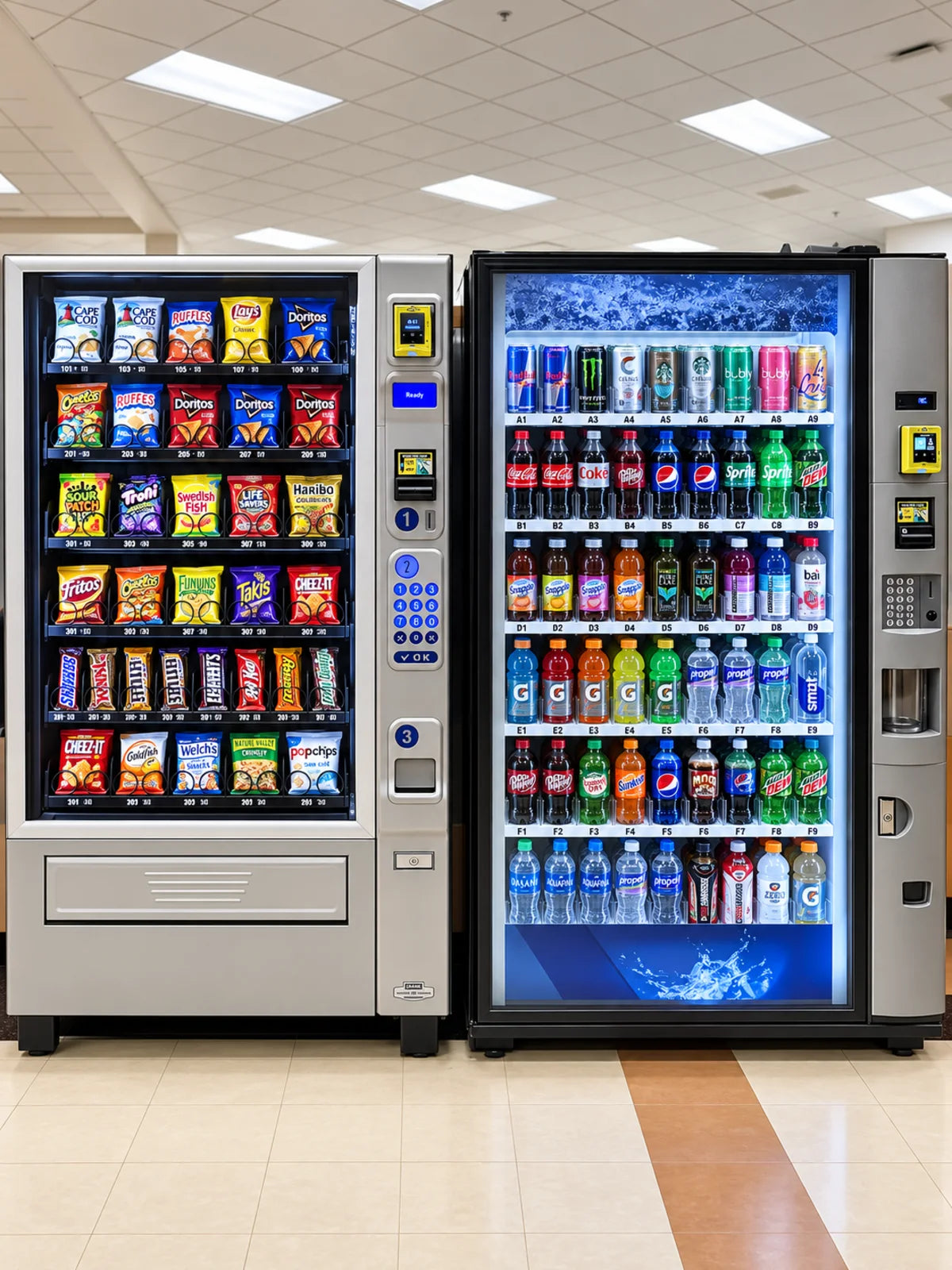 Snack and beverage vending machines installed in a cafeteria