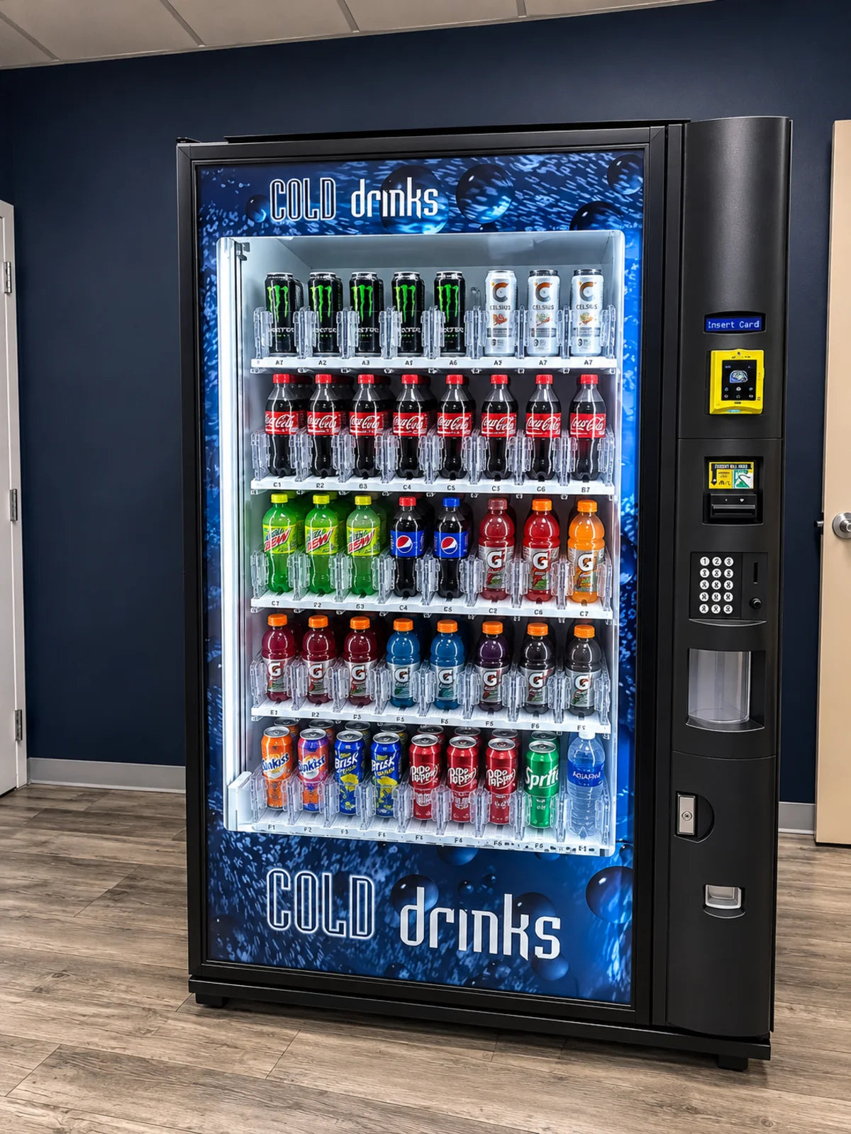 Stocked glass-front cold-drink vending machine