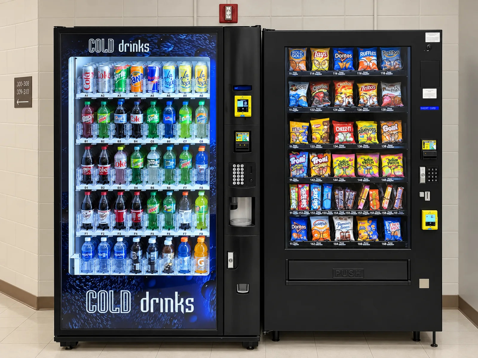 Stocked beverage and snack vending machines installed side by side