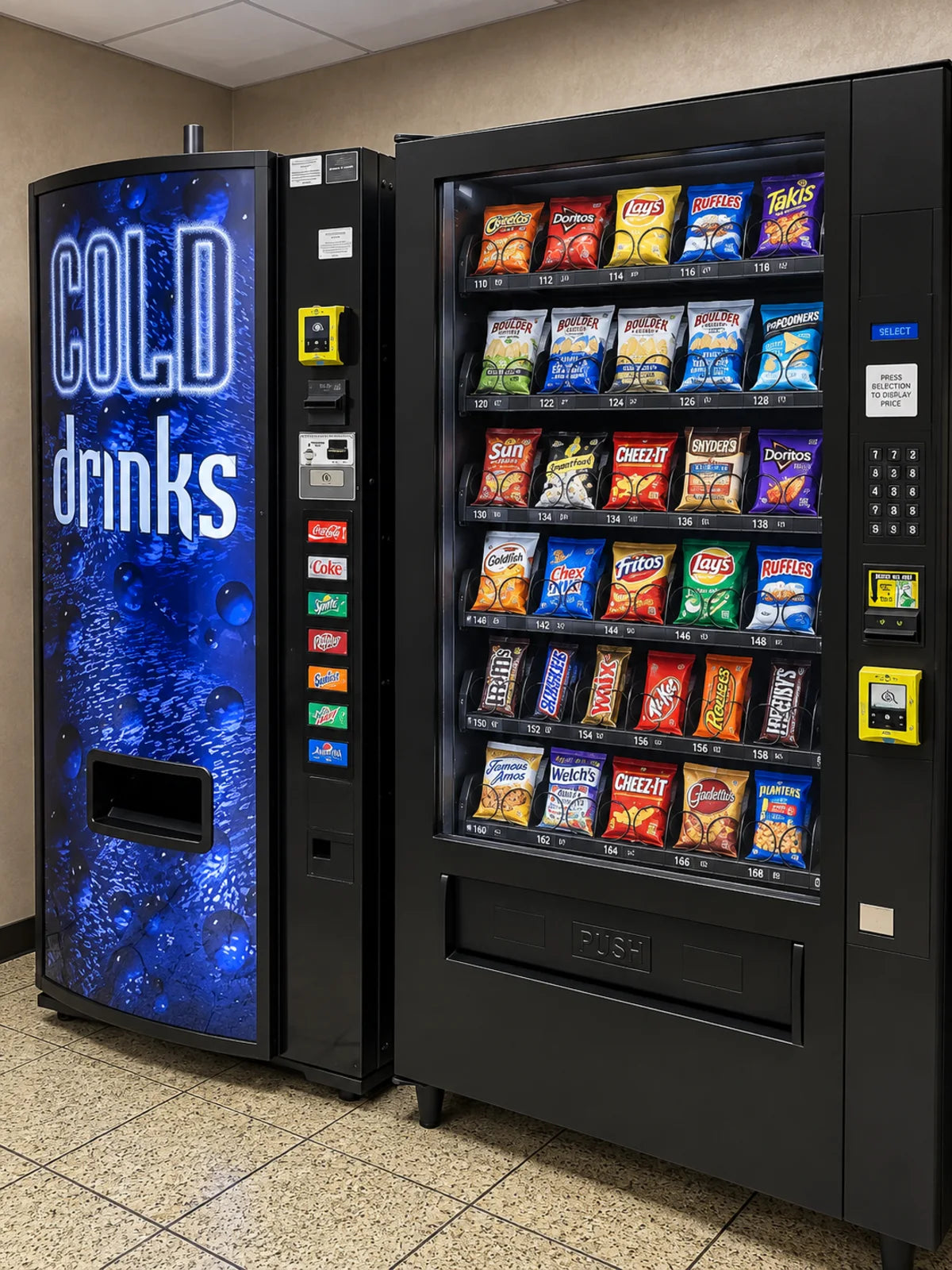 Stocked drink and snack vending machines installed together