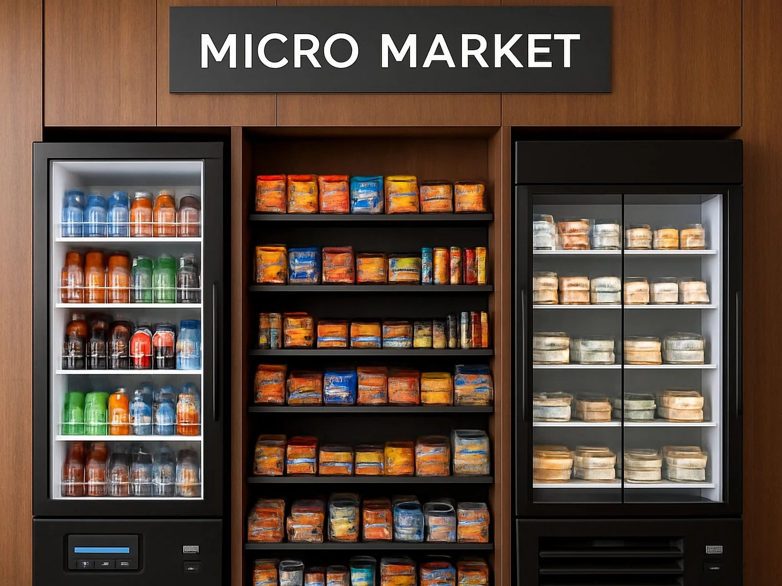 Micro Market with open snack shelves and refrigerated food and drink cases