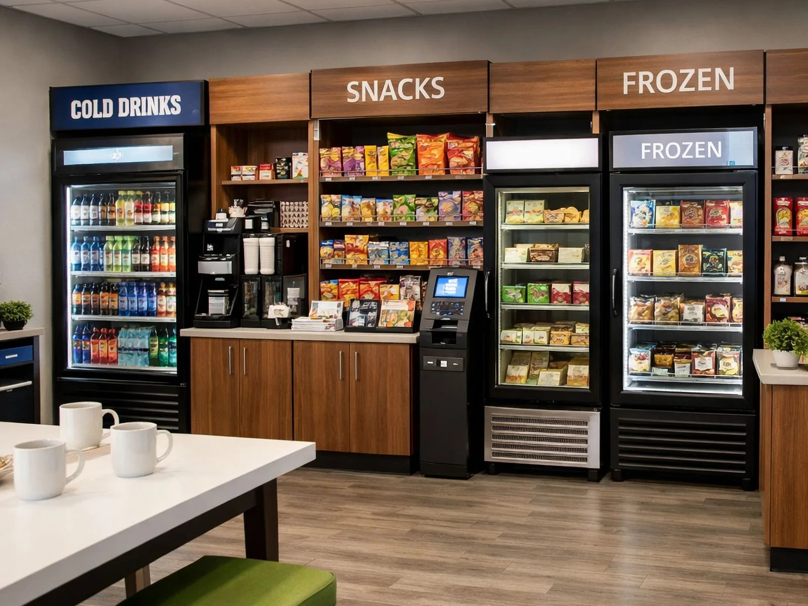 Micro Market with open snack shelves, refrigerated drinks, frozen food, and self-checkout