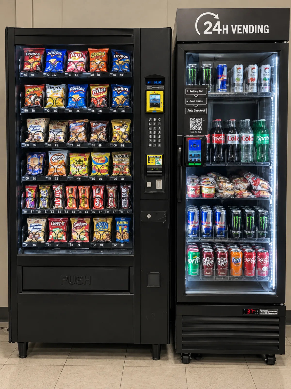 Snack vending machine and glass-front Smart Cooler installed together