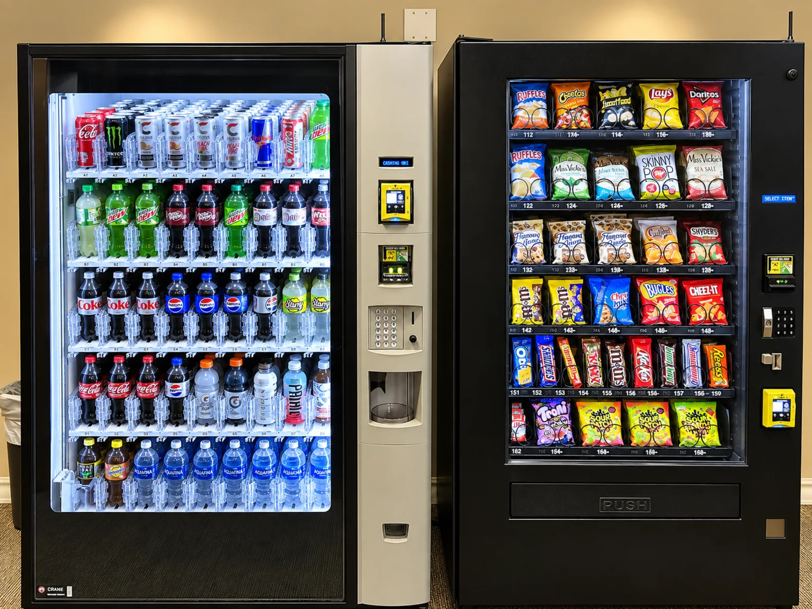 Snack and beverage vending machines installed in an office breakroom