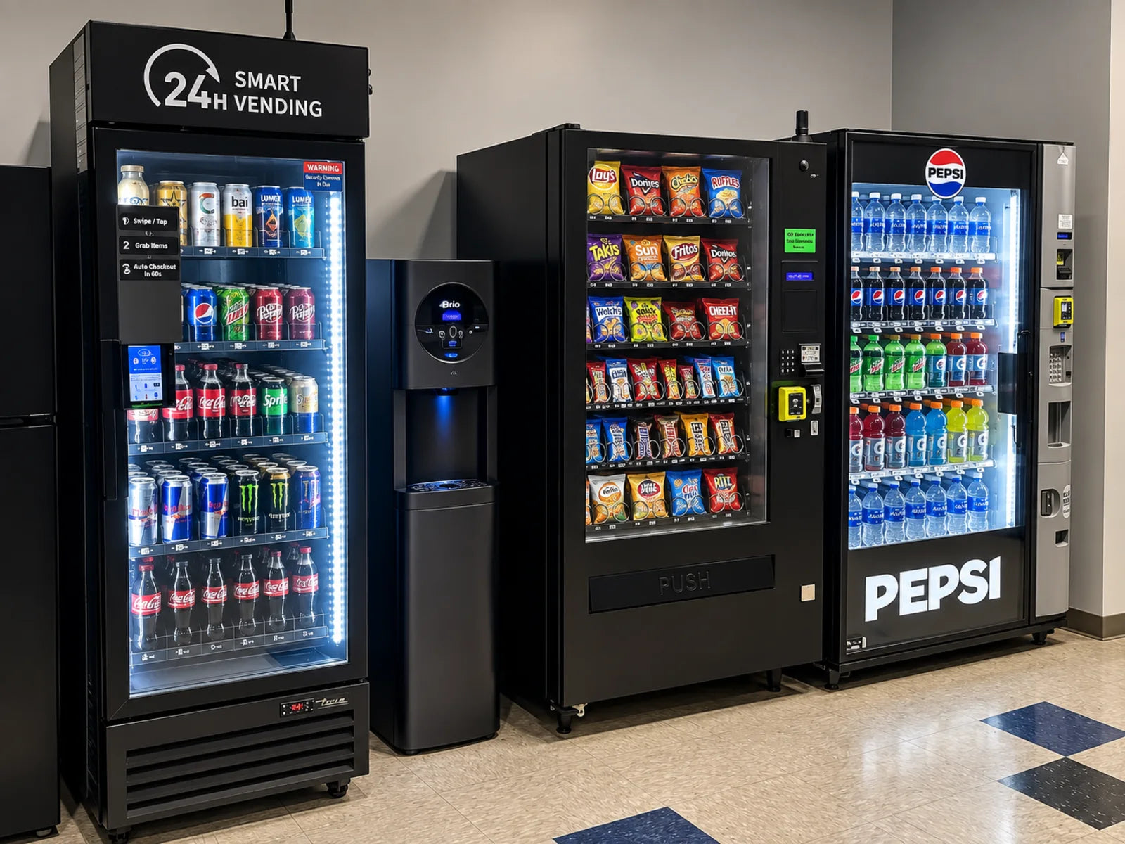 Smart Cooler with adjacent snack and beverage vending machines