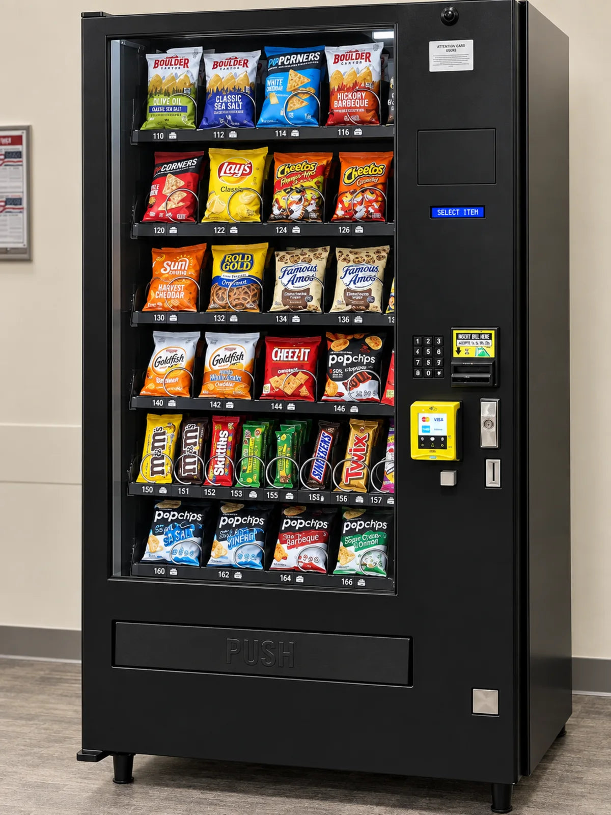 Stocked glass-front snack vending machine