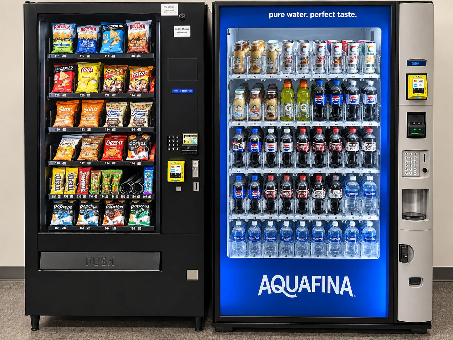 Stocked snack and beverage vending machines with cashless payment readers